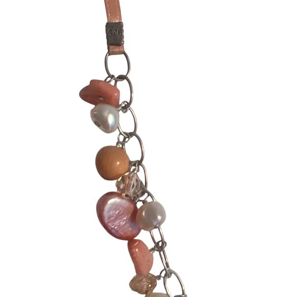 Vintage Peach Multi Ribbon Chain Necklace Pearl Glass Beads Estate Adj 16" + 2" - Picture 3 of 5